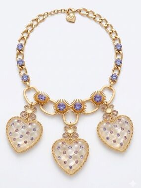 RARE Betsey Johnson Tzarina Quilted Lucite Heart Statement Necklace Gold Purple